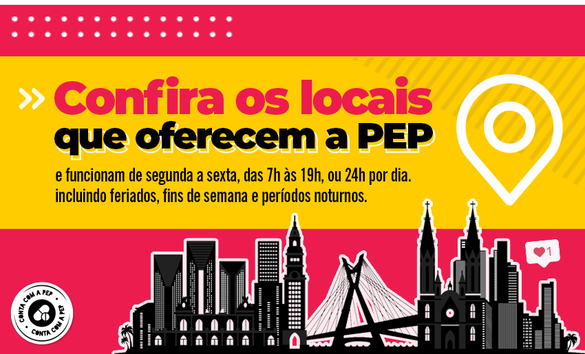 Banner com fundo rosa e uma tarja em amarelo ao centro, com o texto COnfira os locais que oferece a PEP e funcionam de segunda a sexta, das 7h às 19h, ou 24h por dia. Incluindo feriados, fins de semana e períodos noturnos. Abaixo, há um contor em preto com os principais monumentos e prédios da cidade de São Paulo.